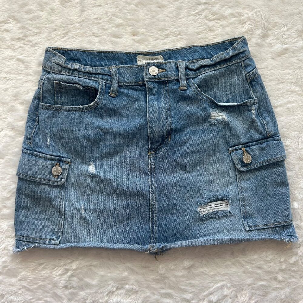 Sky And Sparrow Distressed Blue Denim Mini Skirt‎ With Cargo Pockets Size 7